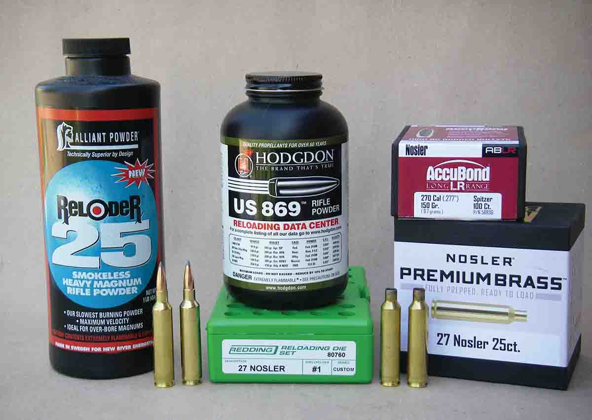 Alliant Reloder 25 and Hodgdon US 869 powders can duplicate .27 Nosler factory load velocities with 150-grain AccuBond bullets.